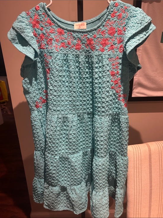 Dresses & Skirts - Hailey and Co Textured  Embroidered Aqua Cotton Dress with Pink Floral Detail